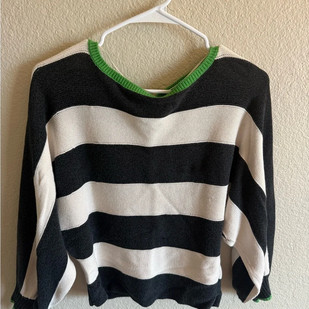 Maeve Anthropologie Slouchy Boatneck Black & White Striped Sweater Green Touch - Picture 8 of 10